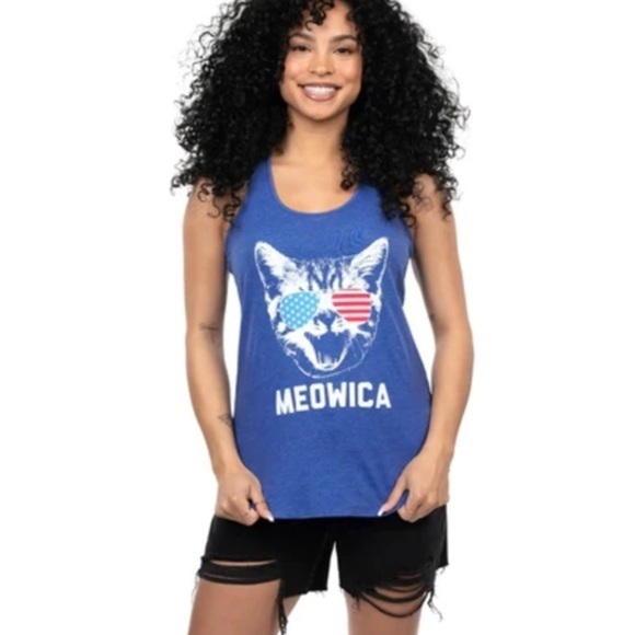 Tipsy Elves Tops - Tipsy Elves Womens Tank Top Blue Meowica Cat Graphic Lightweight 4th of Size M